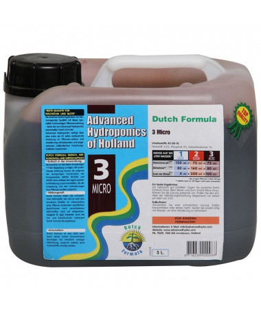 DUTCH FORMULA 3 MICRO 5L, SUPPLEMENTAL FERTILIZER (MICRONUTRIENTS) - ADVANCED HYDROPONICS OF HOLLAND