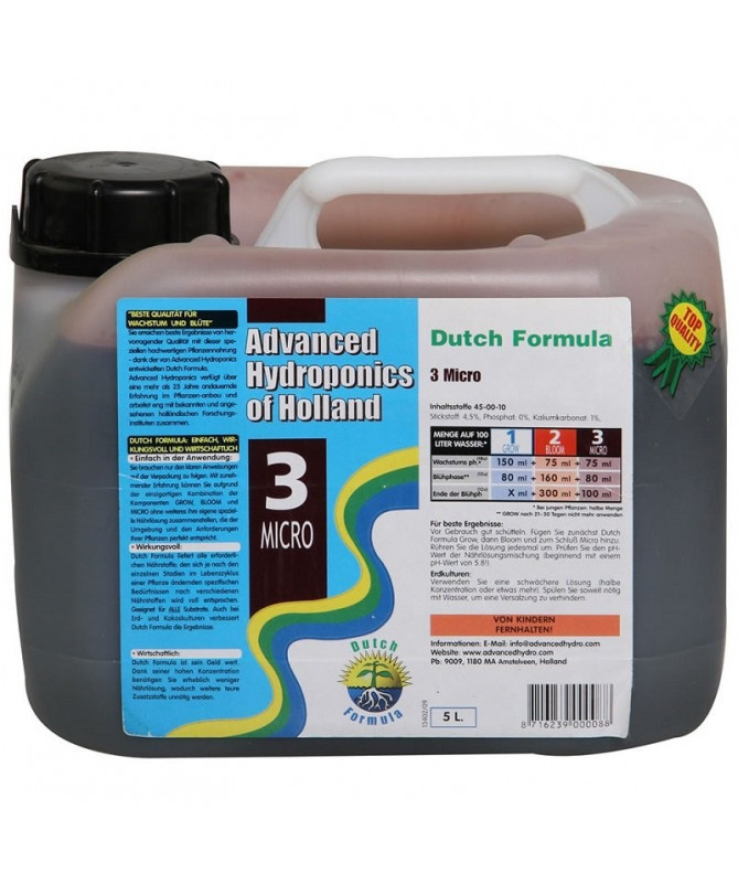 DUTCH FORMULA 3 MICRO 5L SUPPLEMENTAL FERTILIZER (MICRONUTRIENTS) - ADVANCED HYDROPONICS OF HOLLAND