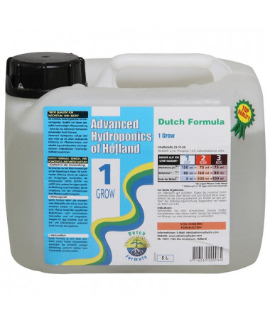 DUTCH FORMULA 1 GROW 5L GROWTH FERTILIZER - ADVANCED HYDROPONICS OF HOLLAND